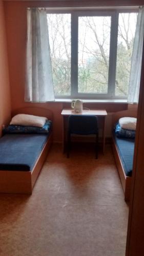 a room with two beds and a table and a window at Poilsio namai Šaltinelis in Plateliai