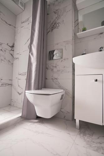 a white bathroom with a toilet and a sink at Secrets of Eden Studio in Kallithea Halkidikis