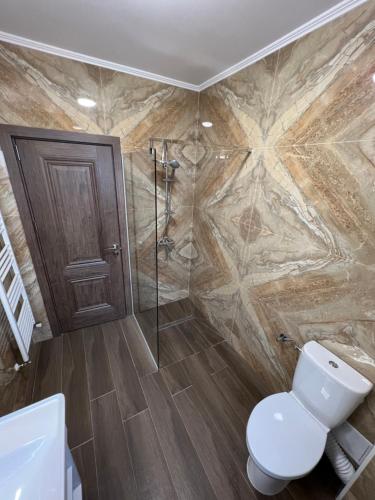 y baño con aseo y ducha. en Aparthotel Plevnei2, en Cluj-Napoca