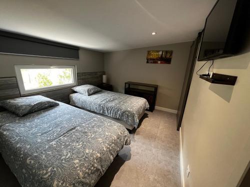 a bedroom with two beds and a window at Les Cygnes au bord du loing in Montigny-sur-Loing