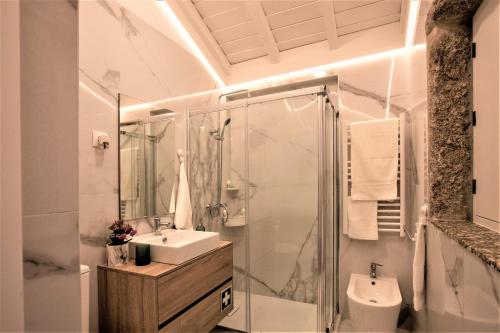 uma casa de banho com um chuveiro, um lavatório e um WC. em Remarkable 1-Bed Cottage in Arcos de Valdevez em Arcos de Valdevez