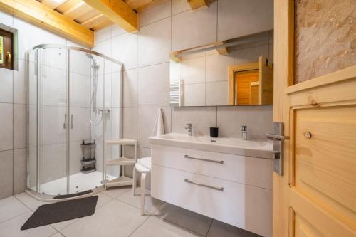 a bathroom with a shower and a sink and a toilet at Dvě chalupy - Velké Karlovice in Velké Karlovice