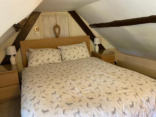 a bedroom with a bed in a attic at Thatch Cottage, East Boldre nr Beaulieu and Lymington in Brockenhurst