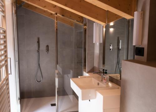 ein Bad mit einer Dusche und einem Waschbecken in der Unterkunft Al Settimo Miglio, alloggio agrituristico in Treppo Grande