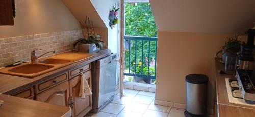 une cuisine avec un évier et une fenêtre dans l'établissement Mont Pley, à Esson