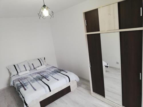 een slaapkamer met een bed en een glazen schuifdeur bij Apartament Brezoi in Brezoi
