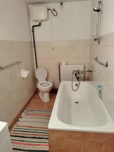 bagno con vasca bianca e servizi igienici di Zadora Haus a Săcele