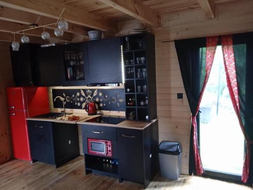 a kitchen with blue cabinets and a red microwave at Domek na grapie in Gilowice