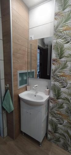 uma casa de banho com um lavatório branco e um espelho. em Velvita Central em Sliven