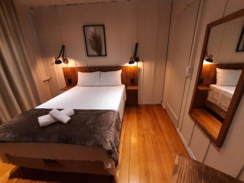 a bedroom with a large bed and a mirror at Pousada Somenzi in Bento Gonçalves