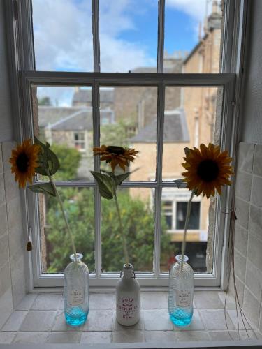 a window with three sunflowers in vases on a window sill at Towerwell in Newburgh