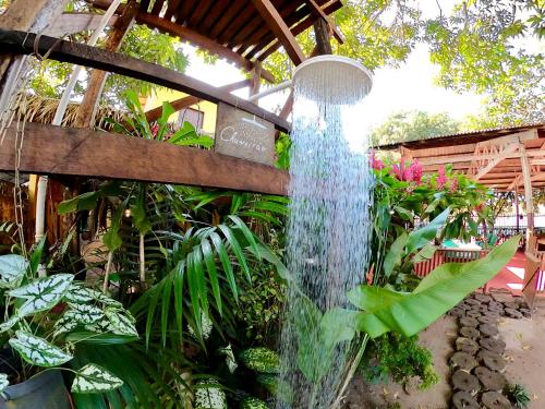 a water fountain in a garden with plants at Pousada Ocazum in Alter do Chao