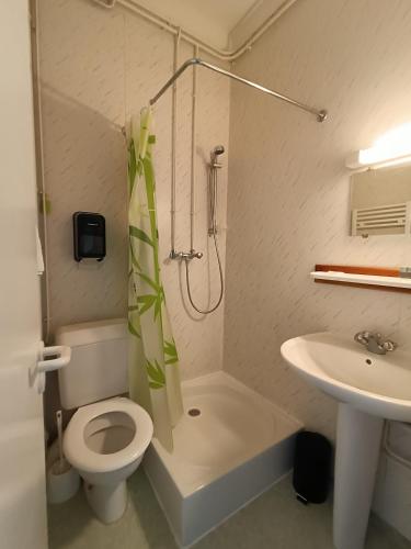 une petite salle de bain avec toilettes et lavabo dans l'établissement Hostellerie du Chateau Bellenaves, à Bellenaves