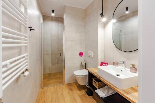 La salle de bains est pourvue d'un lavabo, de toilettes et d'un miroir. dans l'établissement VacationClub - Stone Hill Apartament 5, à Szklarska Poręba