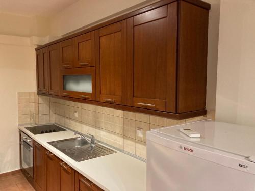 a kitchen with wooden cabinets and a white refrigerator at enJOY Golden beach in Skala Potamias