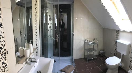 y baño con ducha y lavamanos. en Bor-Vendégház, en Kiskőrös