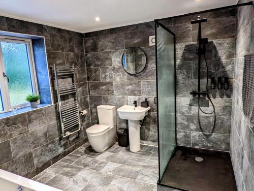 uma casa de banho com um WC, um lavatório e um chuveiro em Country Lodge Retreat em Lydney