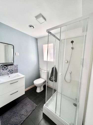 une salle de bain avec douche et toilettes dans l'établissement Agréable maison de ville cosy de 122m² + extérieur, à Wattrelos
