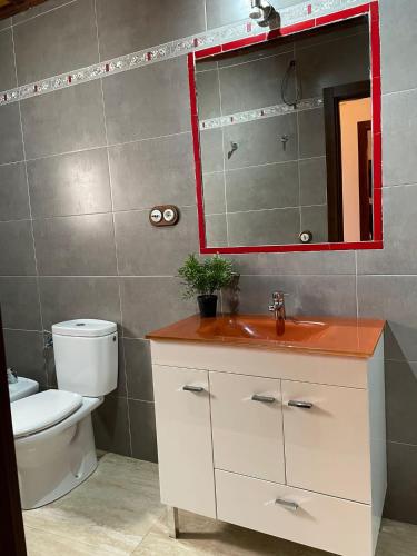 a bathroom with a toilet and a sink and a mirror at El mirador de María in Alcalá del Júcar