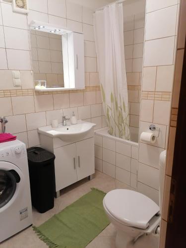 a bathroom with a toilet and a sink and a washing machine at KIKA in Dramalj