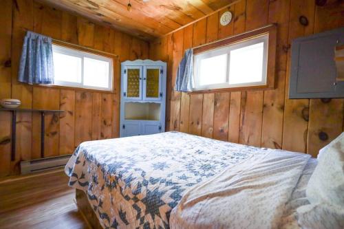 a bedroom with a bed in a wooden cabin at Adirondack Waterfront Cabin Upper Hudson Tributary in Lake Luzerne