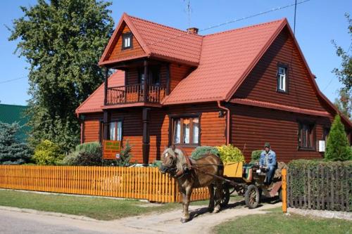 a horse drawn carriage in front of a house at Eko-Sen in Białowieża