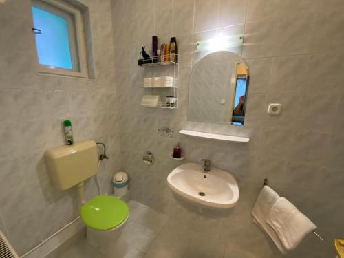 a bathroom with a sink and a toilet and a mirror at Villa Valeria Heviz in Hévíz