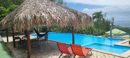a swimming pool with chairs and a straw umbrella at Villa Dream in Deshaies