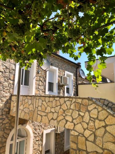 a stone building with white windows and a tree at Vila Razic in Danilovgrad