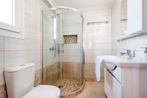 W łazience znajduje się prysznic, toaleta i umywalka. w obiekcie Villa Feax Ocean View w mieście Ereikoússa