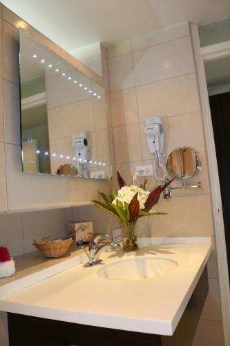 a bathroom sink with a mirror and a vase of flowers at Mount Irvine Bay Resort in Grafton