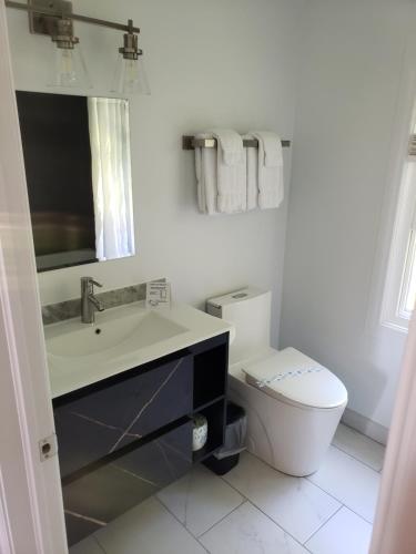 a white bathroom with a toilet and a sink at Adventure the Bruce Inn - Recently Renovated With Outdoor Hot Tub in Tobermory