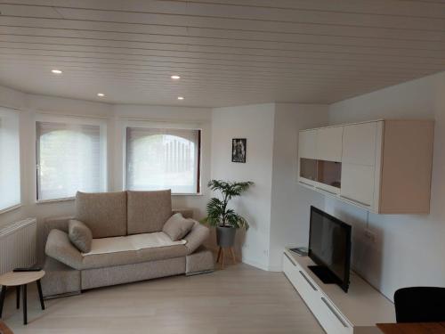 ein Wohnzimmer mit einem Sofa und einem TV in der Unterkunft Ferienwohnung Familie Aestel in Altensteig