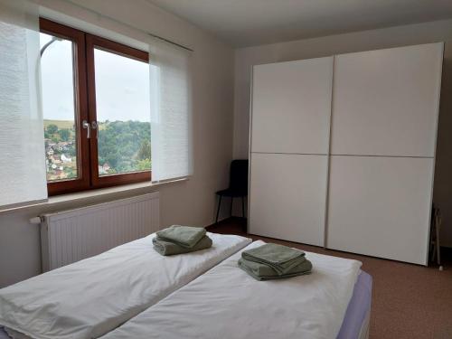1 Schlafzimmer mit 2 Betten und einem großen Fenster in der Unterkunft Ferienwohnung Familie Aestel in Altensteig
