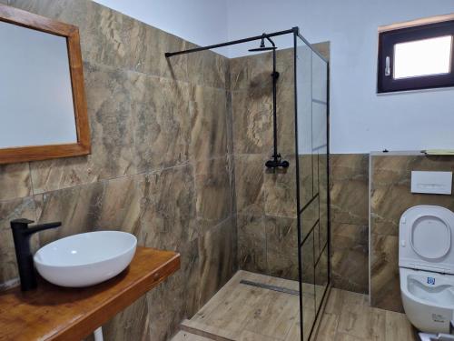 a bathroom with a shower and a toilet at Complex Dealu' Frumos in Întorsura Buzăului