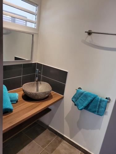 a bathroom with a sink and a mirror at Villa Dream in Deshaies