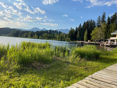 a view of a lake with a dock at Kitzglück in Kitzbühel