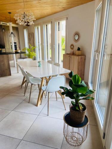 a dining room with a table and chairs and a plant at Magnifique maison avec vue sur lac Léman in Saint-Legier-La Chiesaz