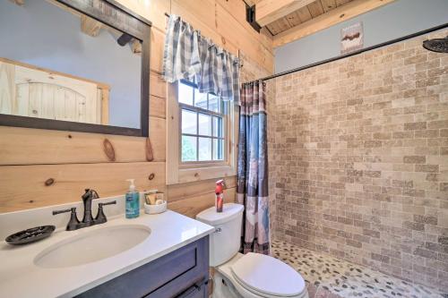 a bathroom with a toilet and a sink and a mirror at Luxe Log Cabin with Modern Finishes and Mtn Views in Maggie Valley