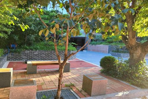 a park with a bench and a tree at Renaissance Hotel Pohang in Pohang