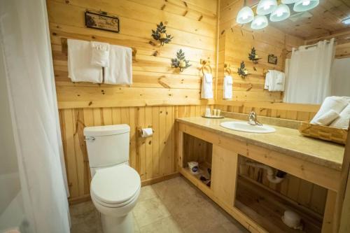 a wooden bathroom with a toilet and a sink at Nacoochee valley motel in Clarkesville