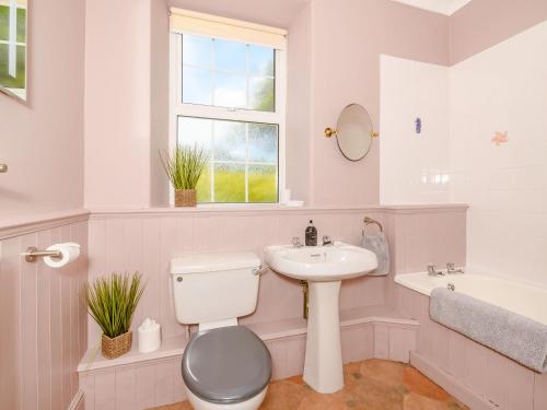 a white bathroom with a toilet and a sink at Brokan Fourwinds in Okehampton