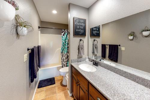 a bathroom with a sink and a toilet at Woodpecker Watchtower in Branson