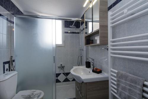 a bathroom with a shower and a sink and a toilet at MAHE APARTMENT in Volos