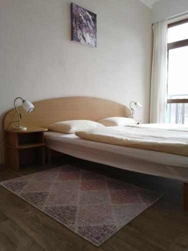 a bedroom with a bed and a table and a window at Hotel Chytrov in Volfířov