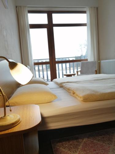 two beds in a room with a large window at Hotel Chytrov in Volfířov