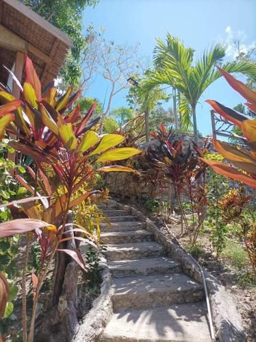 a stone path in a garden with tropical plants at OcamOcam Azur Inn in Busuanga