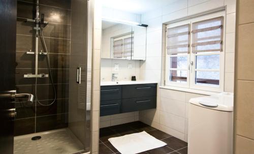 a bathroom with a shower and a sink and a toilet at Appartements Le Hupsa Pfannala in Saint-Hippolyte