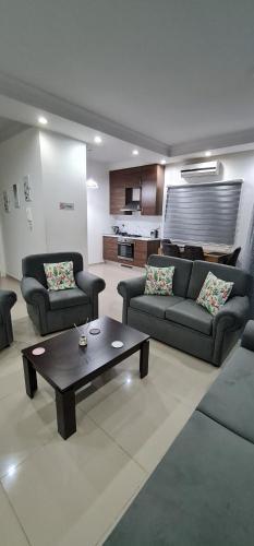 a living room with two couches and a coffee table at Oytam apt in Nicosia