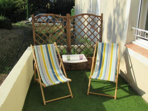 twee stoelen naast een tafel op een veranda bij LE SOLEIL DU LUBERON - T2 avec Terrasse, Parking et Clim in LʼIsle-sur-la-Sorgue